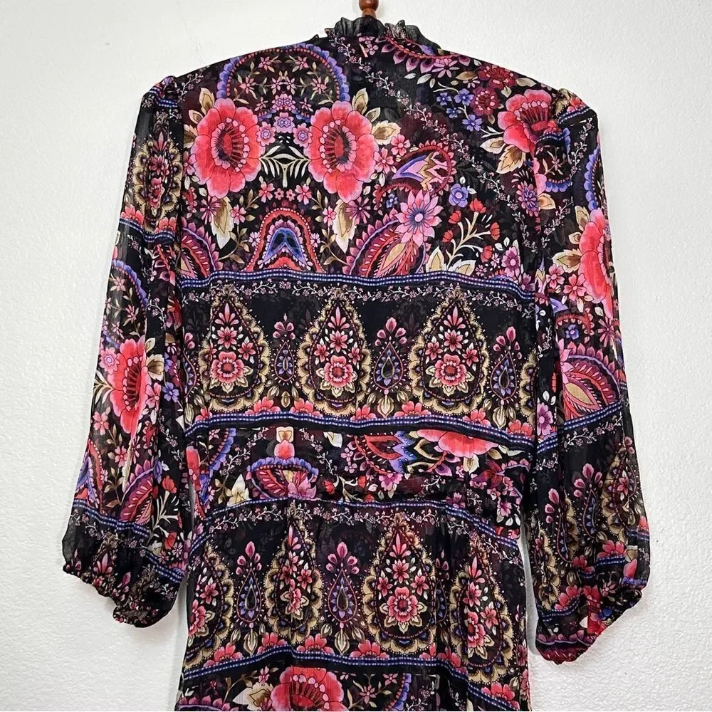 MISA Los Angeles Olivia Puff-Sleeve Floral Paisley Chiffon Midi Dress